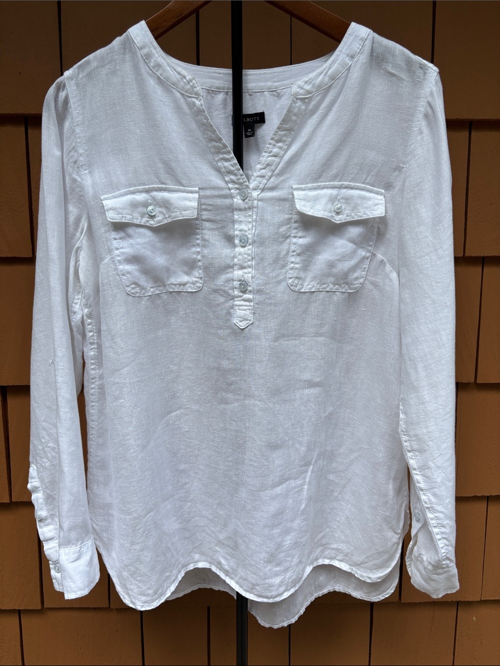 TALBOTS | White Airy Linen Band Collar Coastal Minimalist Popover Top | Size‎ M